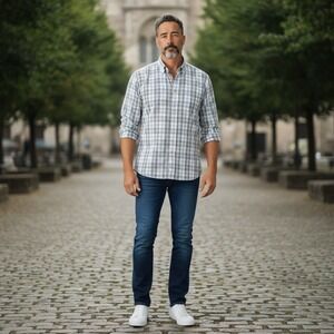 Faherty Movement Shirt Men's Large Soft Grey Plaid Flannel Long Sleeve #MWC0081